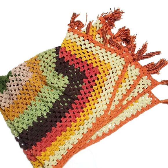 VINTAGE 1970s Handmade Crochet Fall Fringe Granny Square Afghan Throw Blanket - Picture 2 of 16